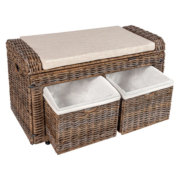 2 Drawer Wicker Storage Bench Gray