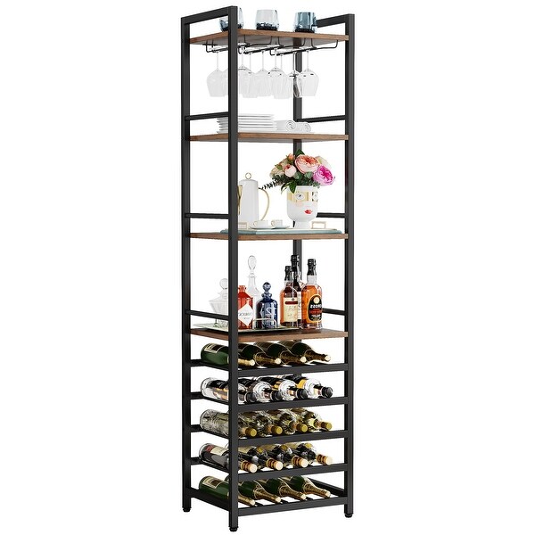 20 Bottle Freestanding Floor Wine Rack， 9 Tier Floor Liquor Cabinet with Glass Holder and Storage Shelves