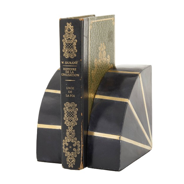 Set Of 2 Marble Geometric Bookends With Gold Inlay Black Cosmoliving By Cosmopolitan