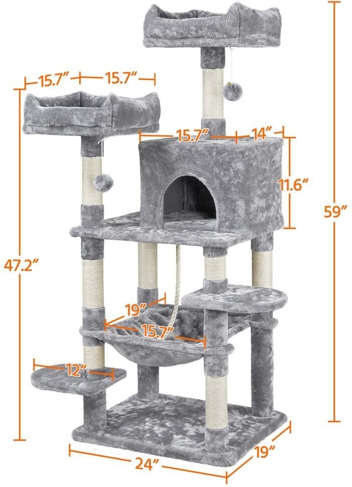 Yaheetech 59-in Plush Cat Tree and Condo， Dark Gray