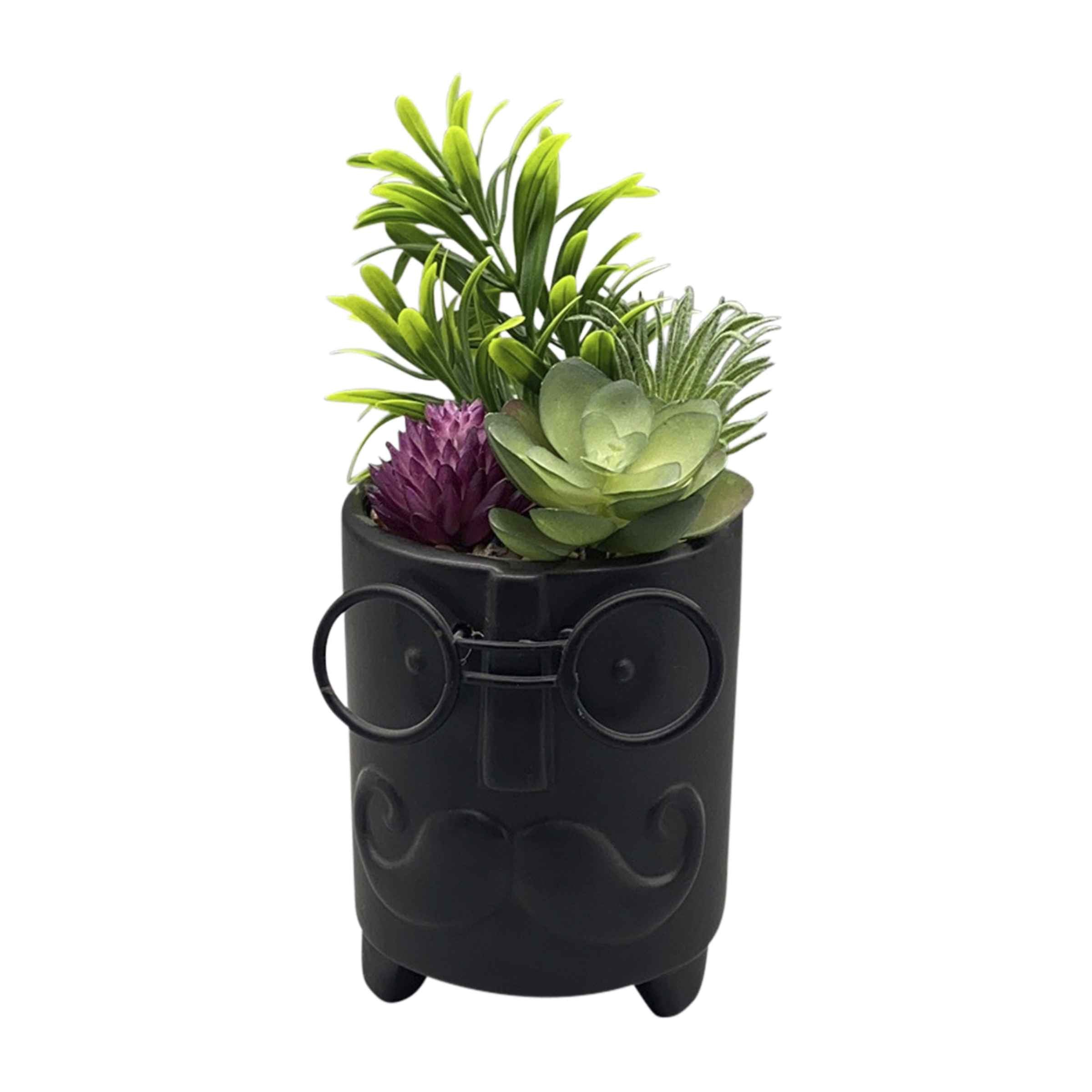 Face Ceramic Planter With Artificial Plants 8.89 Cm - Black 16972-02