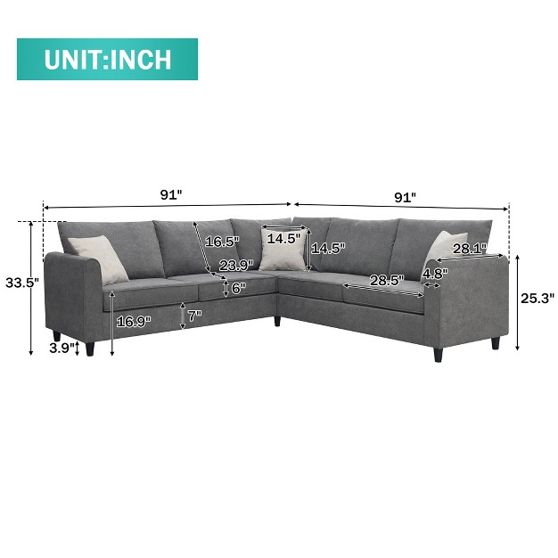 Modern Upholstered Living Room Sectional Sofa With 3 Pillows Gray Modernluxe