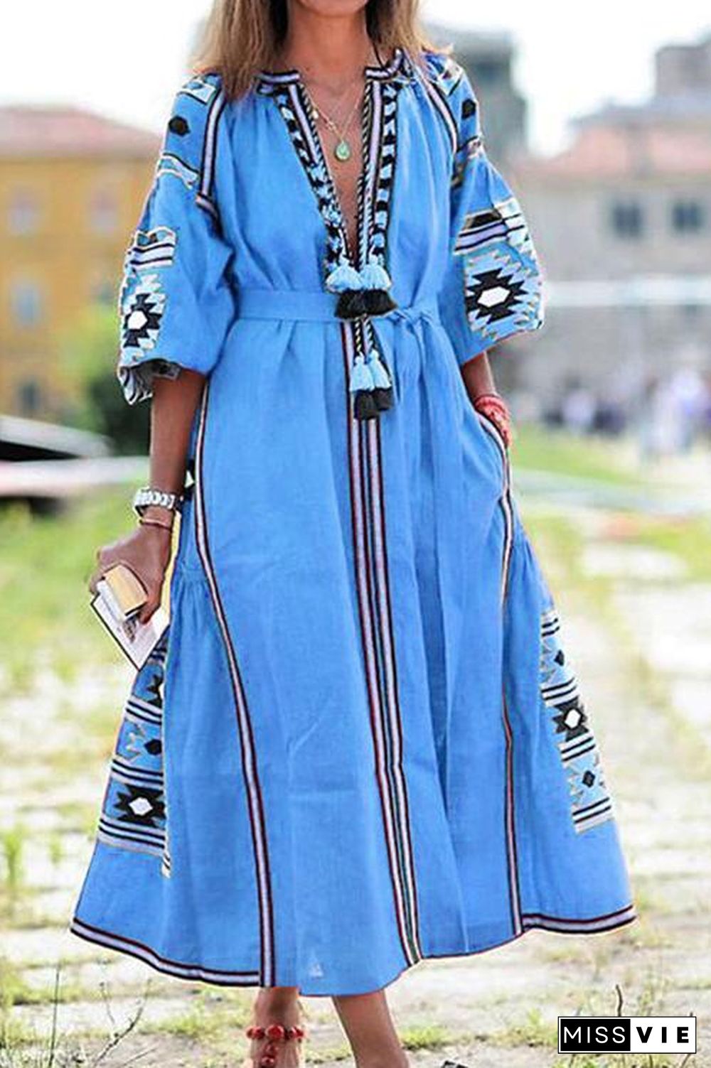 Ethnic Print Pom Pom Maxi Dress