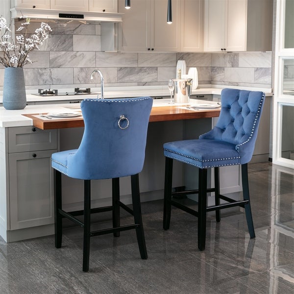 Velvet Upholstered Barstools with Button Tufted Decoration and Wooden Legs