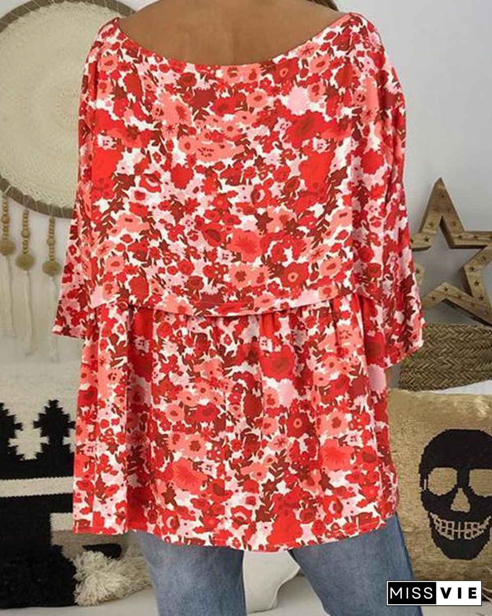 Women Plus Size Floral Printed 3/4 Sleeve Plus Size Blouses Tops