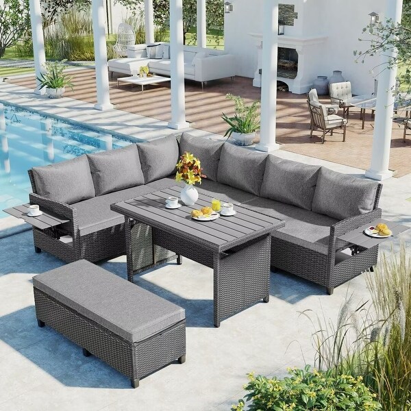 Wicker LShaped Garden Furniture Set with 2 Extendable Side Table