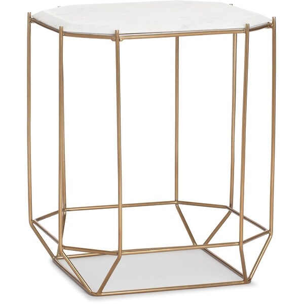 Finch Colton Solid Marble Top Accent Table with Gold Metal Base， White/Gold