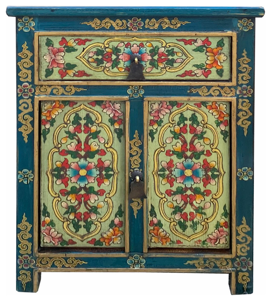 Teal Blue Light Green Tibetan Style Floral End Table Nightstand Hcs7077   Asian   Side Tables And End Tables   by Golden Lotus Antiques  Houzz