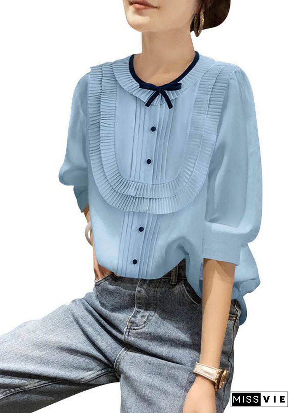 Plus Size Blue O-Neck Patchwork Bow Wrinkled Chiffon Shirt Bracelet Sleeve