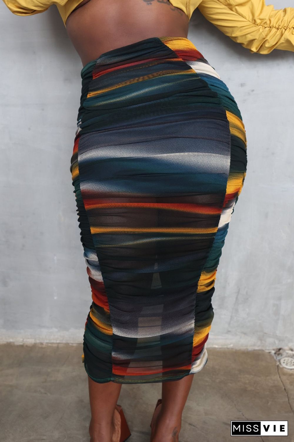 Autumn And Winter New Printed Striped Pleated Skirt