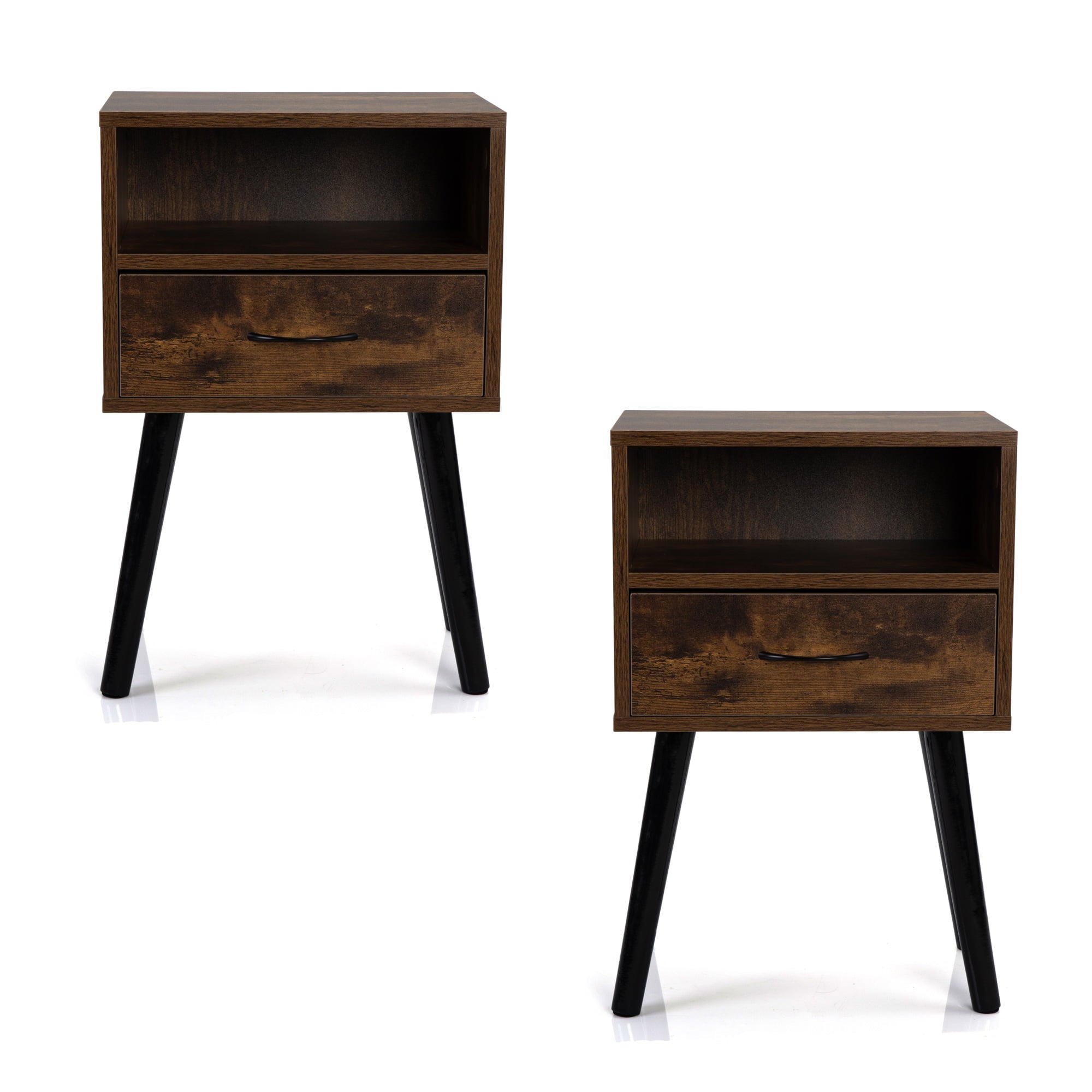 Modern End Tables for Living Room, Simple Side Tables with Storage Drawers for Small Space, Solid Wood Legs Nightstands with Shelf for Bedroom, Nightstands Set of 2, Rustic Brown, D8609