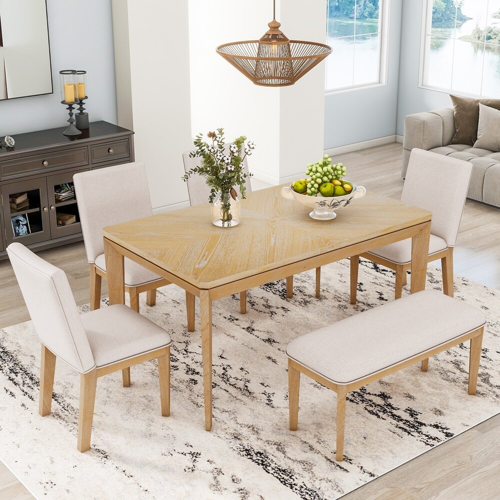 6 Piece Dining Wood Table Set with 4 Upholstered Dining Chairs and Bench  60\