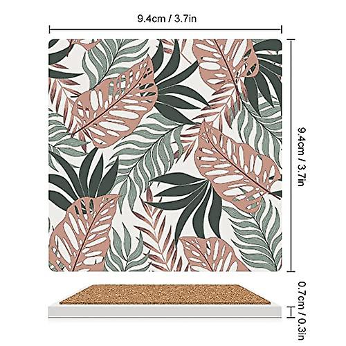 Colourlife Square Drink Coasters 2 Pcs Pink Green Leaves On White Absorbent Ceramic Coffee Coasters For Drinks With Cork Base Housewarming Gift For Ho