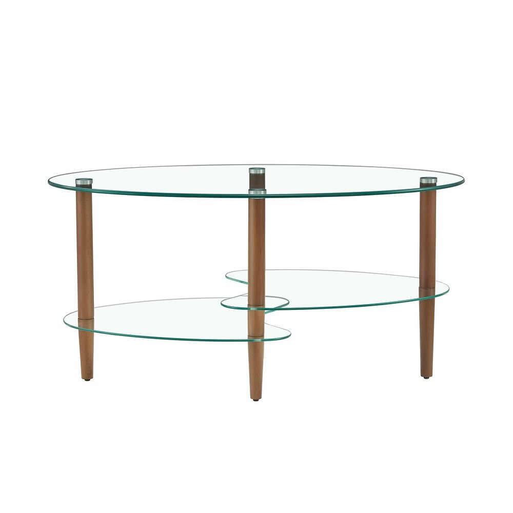 Oval glass coffee table  Transparent coffee table  modern table in living room with Oak wood legs  tea table