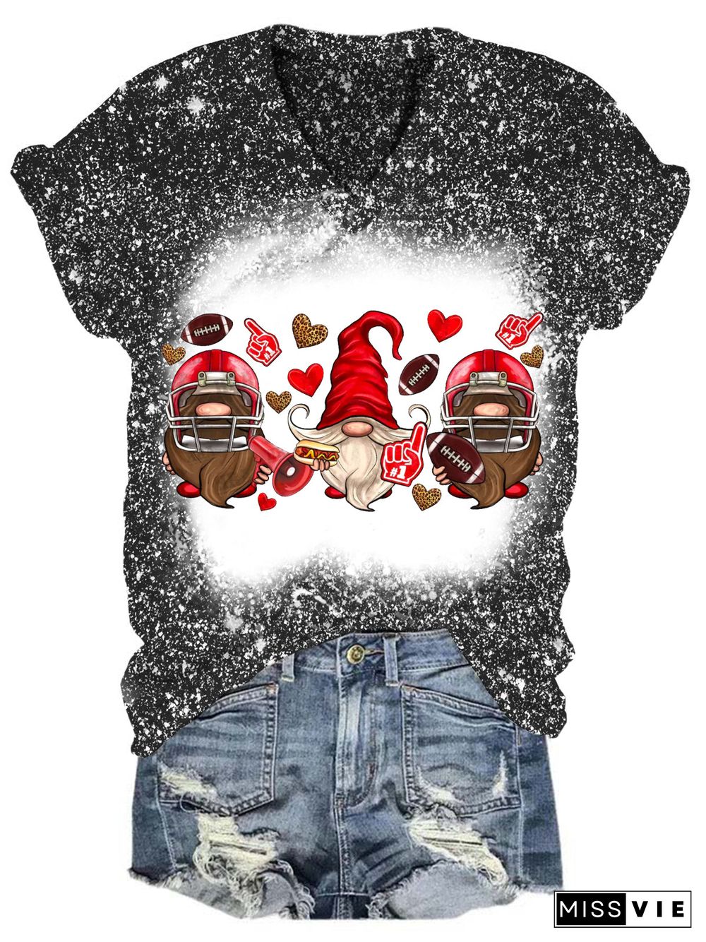 Football Gnome Glitter V Neck T-shirt