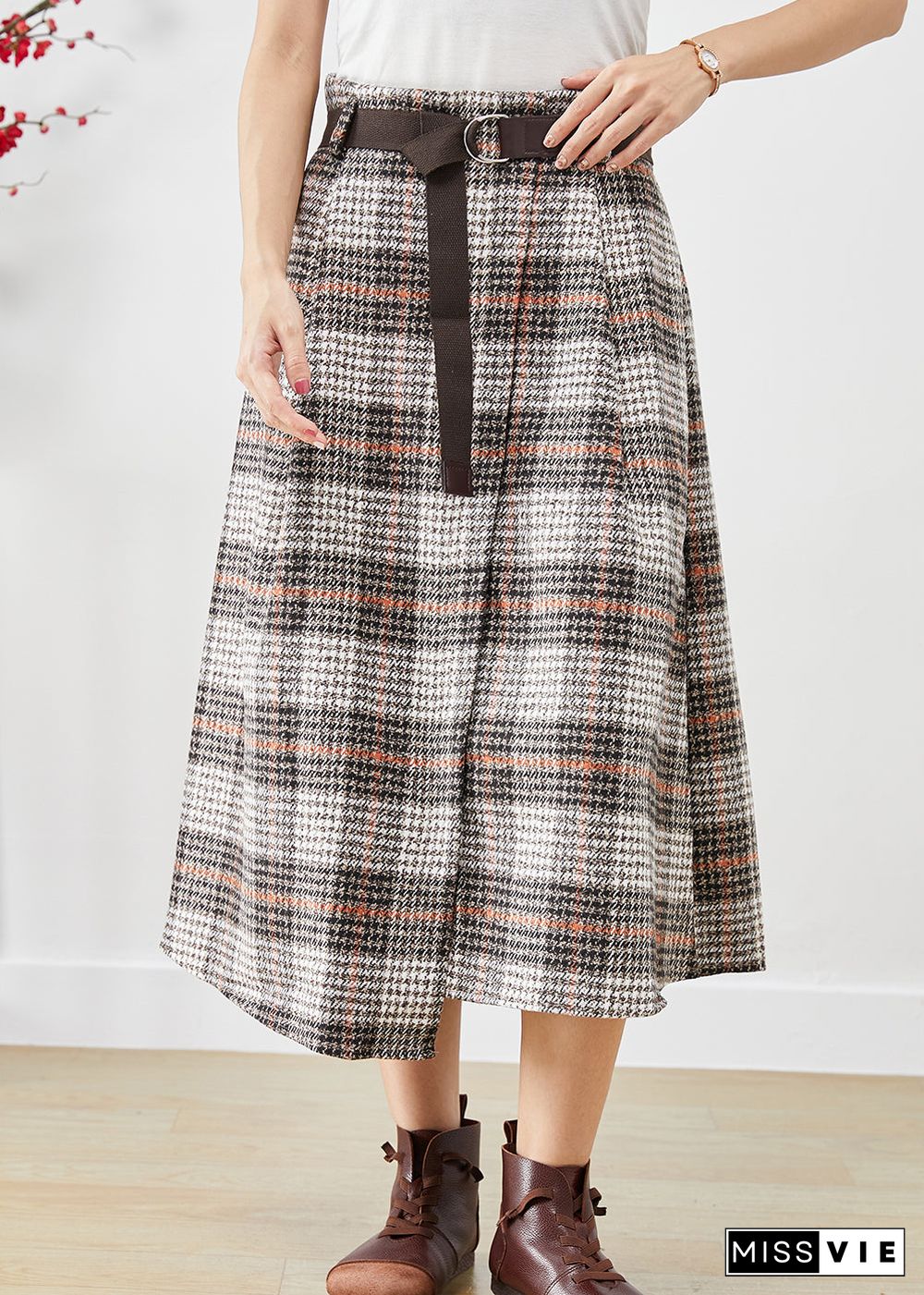 Beige Plaid Woolen Skirts Asymmetrical High Waist Fall