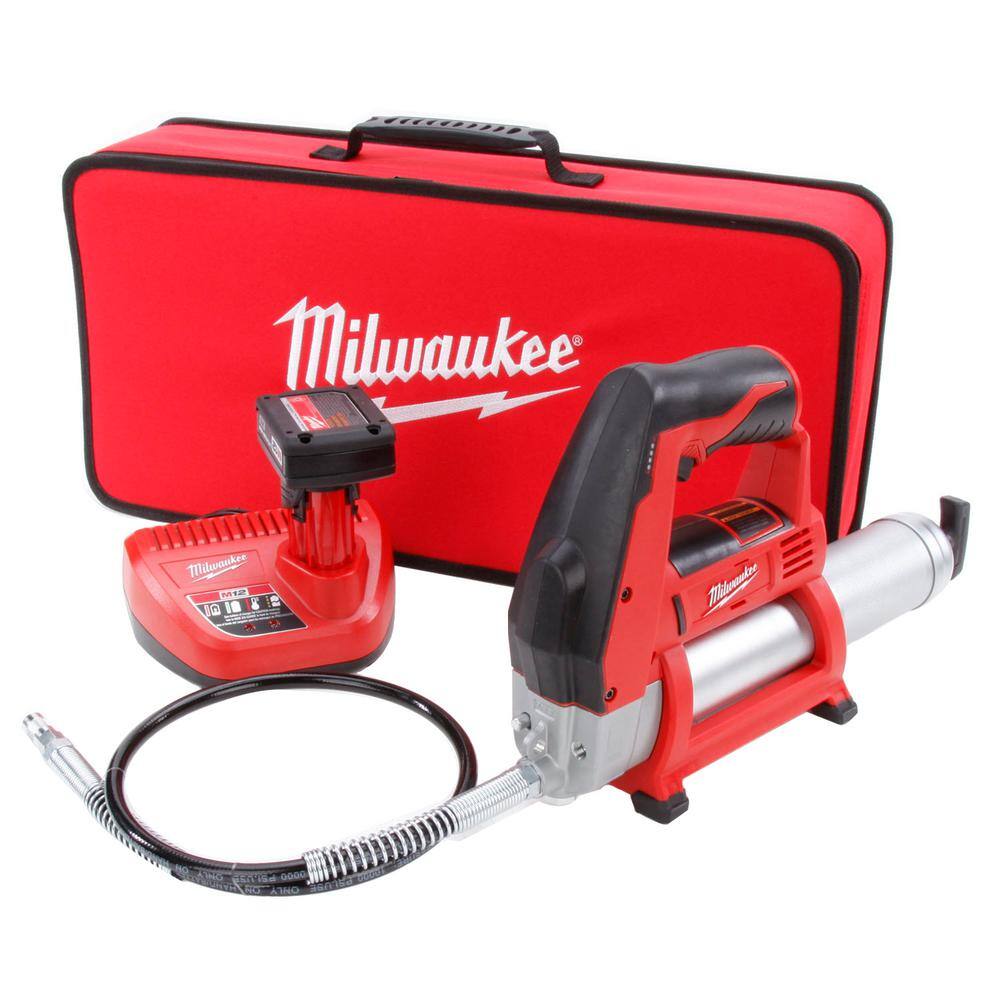 MW M12 12V Lithium-Ion Cordless Grease Gun Kit with One 3.0 Ah Battery Charger Tool Bag and Compact Spot Blower 2446-21XC-0852-20