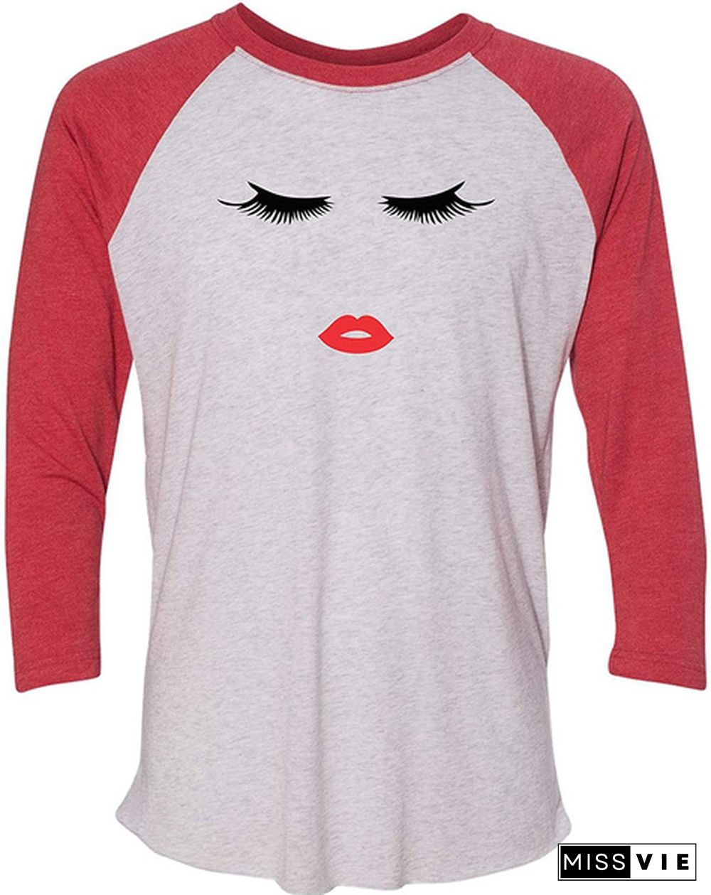 Go All Out Adult Cute Eyelashes Red Lips Trendy 3/4 Sleeve T-Shirt