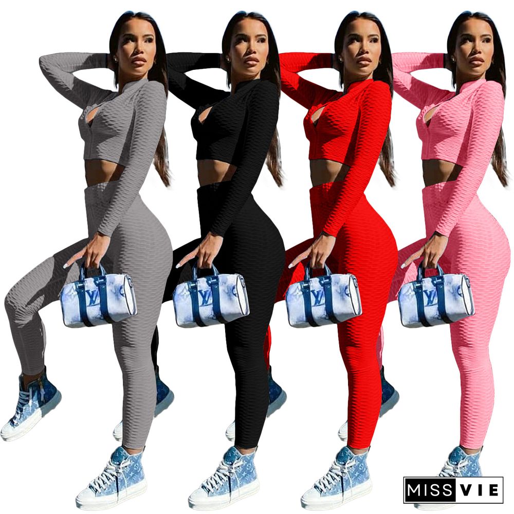 Women Tracksuit Solid Color Long Sleeve Zipper Crop Tops+Pencil Pants Summer Sport Two Piece Set