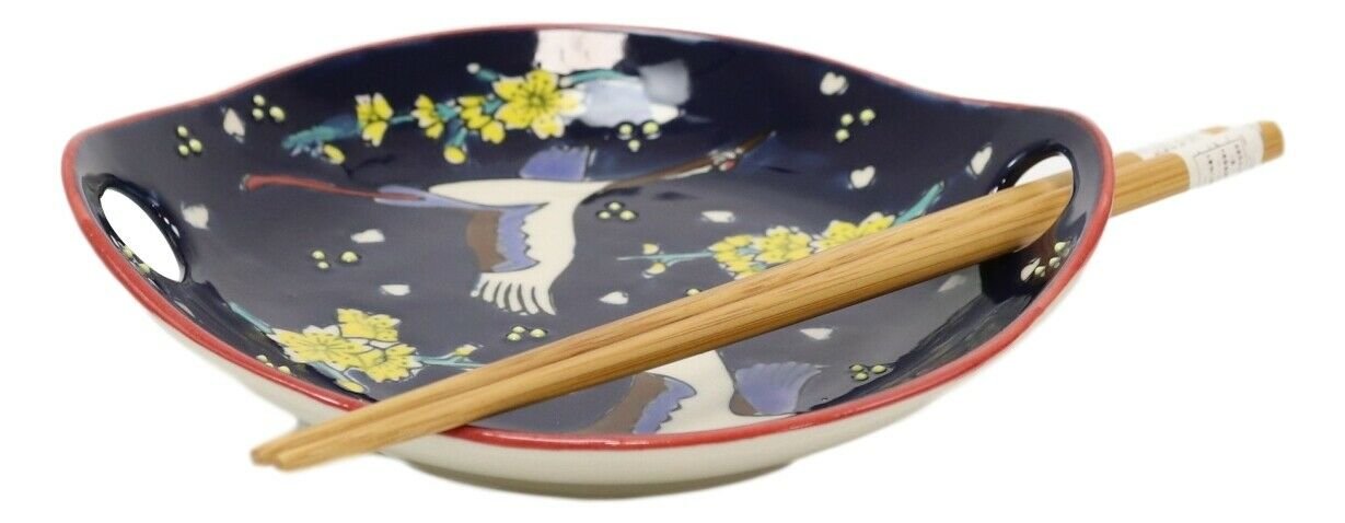 1 White Crane In Blue Sky Small Appetizer Coupe Plate Flat Bowl W/ Chopsticks Set EBR02