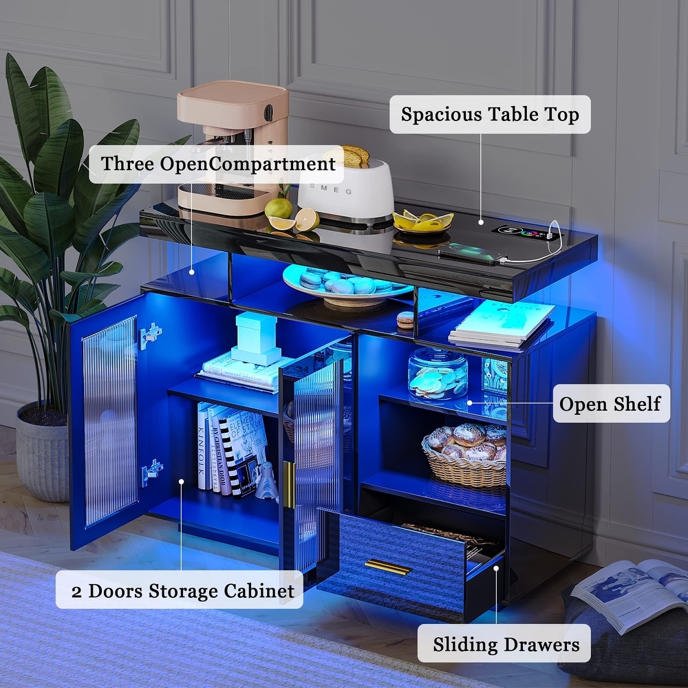 Modern LED Sideboard Buffet Cabinet with Charging Station  Cupboard with Body Sensor Light  Coffee Bar Cabinet with Panel