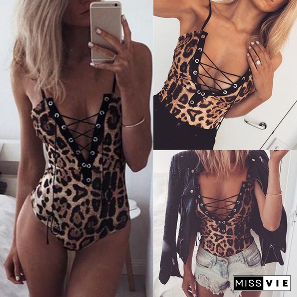 Deep V-Neck Bodysuits Jumpsuits Women Leopard Printed Sleeveless Short Rompers Club Wear