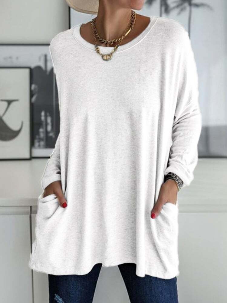 Solid Pocket Round Neck Long Sleeve T-Shirt