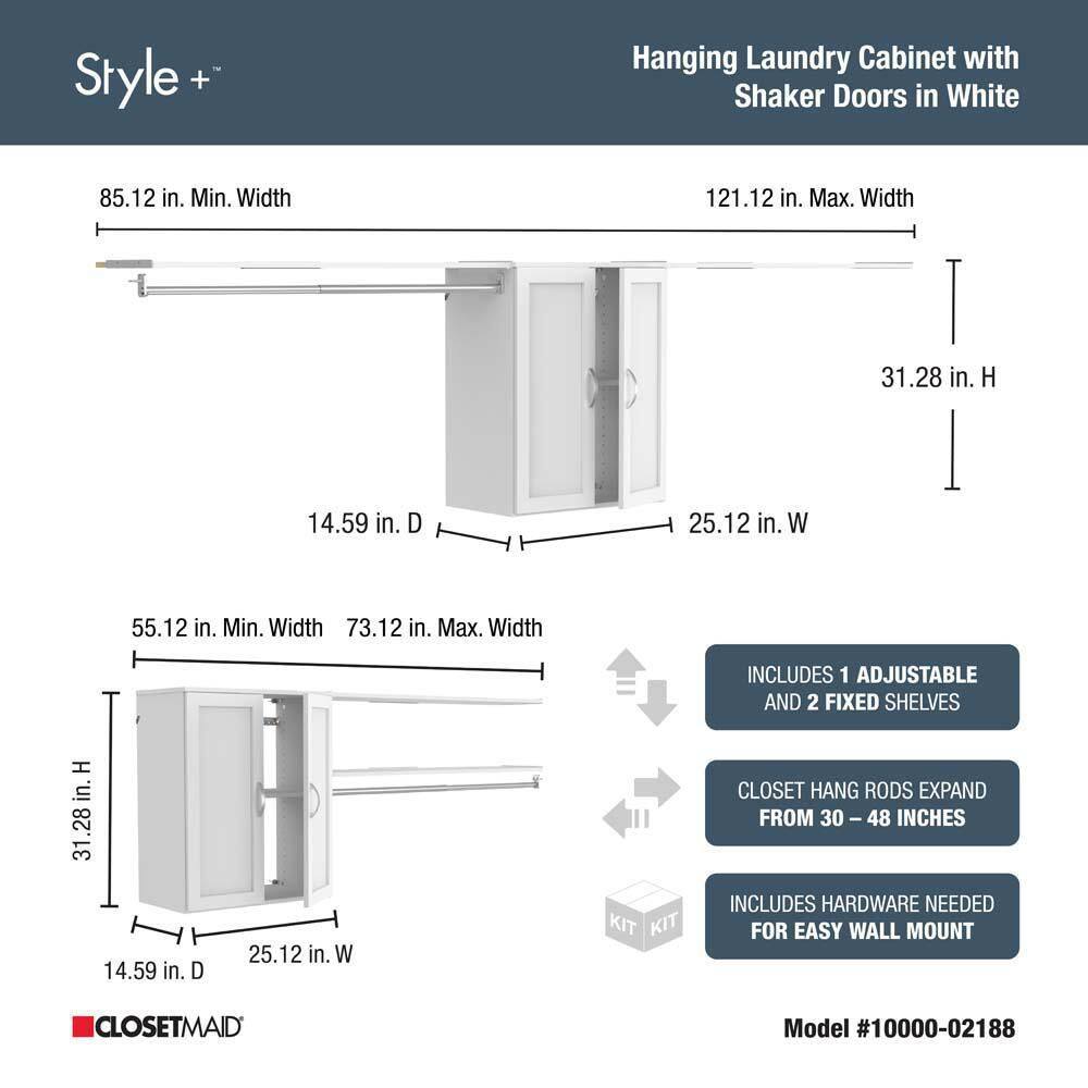 ClosetMaid Style+ 55.12 in. W - 121.12 in. W White Laundry Room Cabinet Kit with Top Shelves and Shaker Doors 10000-02188