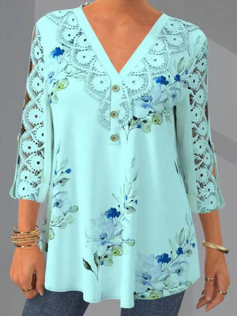 V-neck Cutout Panel Casual Loose Floral Print Long Sleeve Blouse