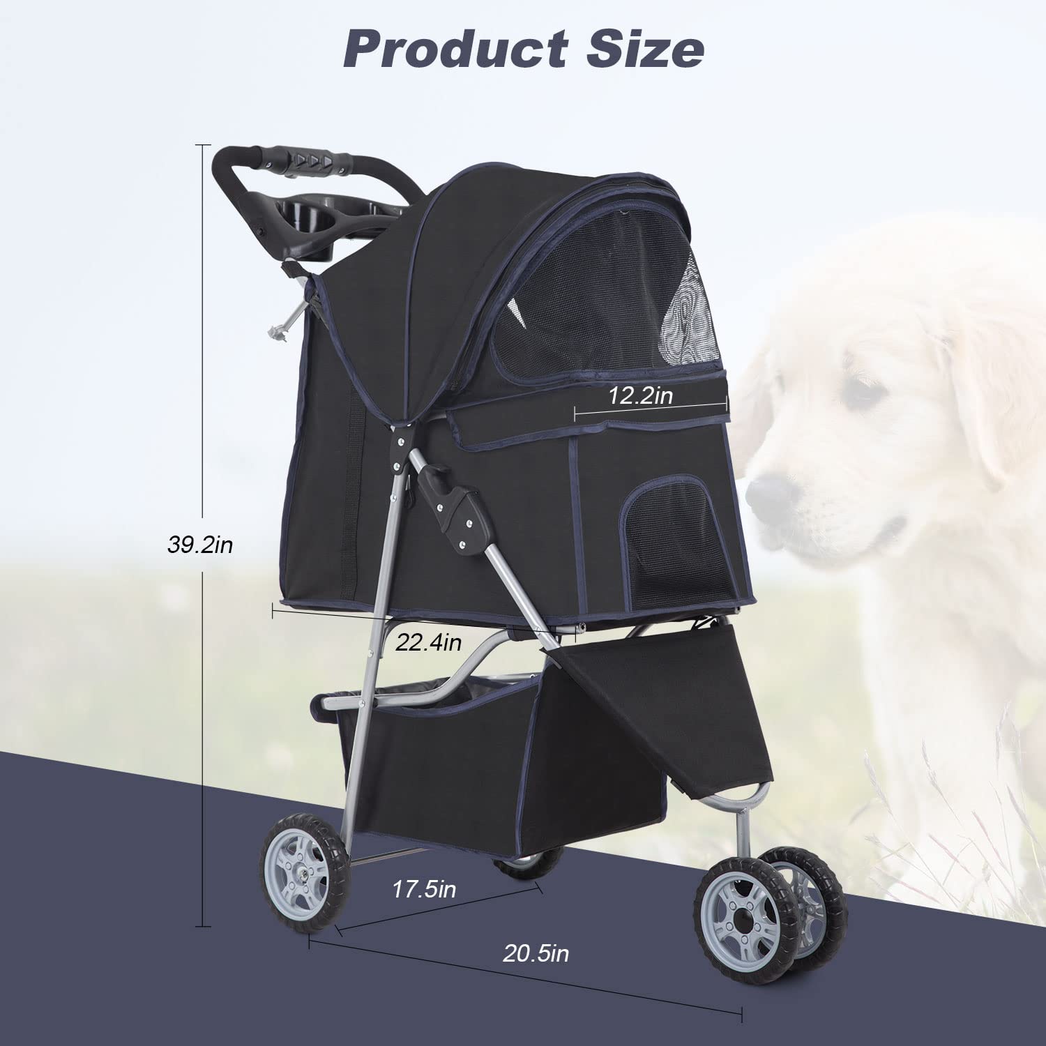 BestPet 3 Wheels Pet Stroller Dog Cat Stroller Folding Carrier Waterproof with Cup Holder (Black)