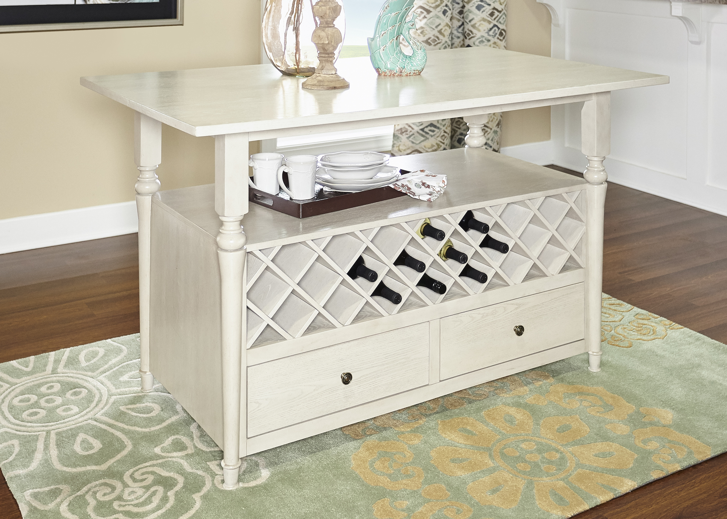 Hayes Farmhouse Kitchen Island Table with 22 Bottle Wine Storage in Cream