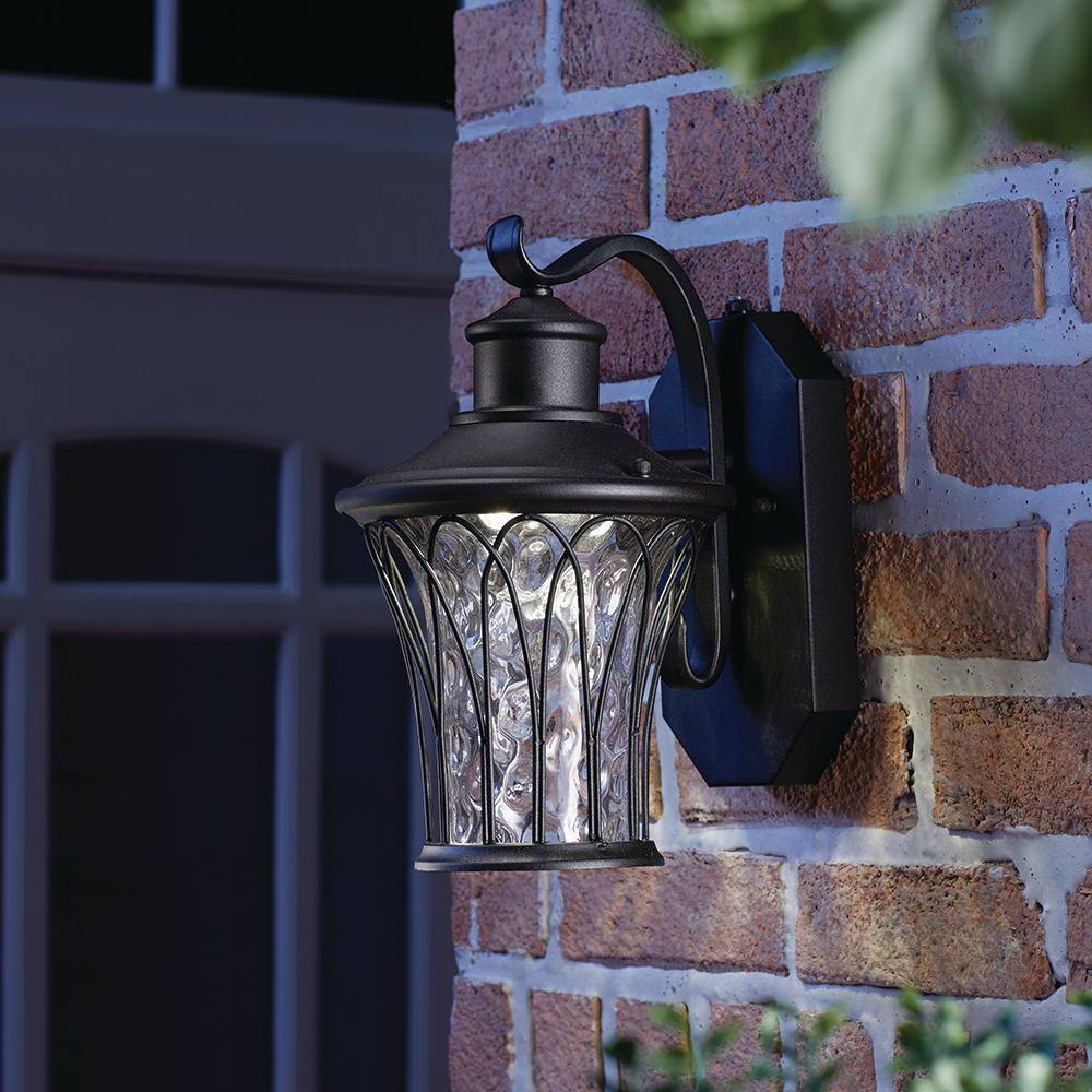 Home Decorators Collection Avia Falls Black Dusk to Dawn Small LED Outdoor Wall Light Fixture with Clear Water Glass LED-HD501 BK