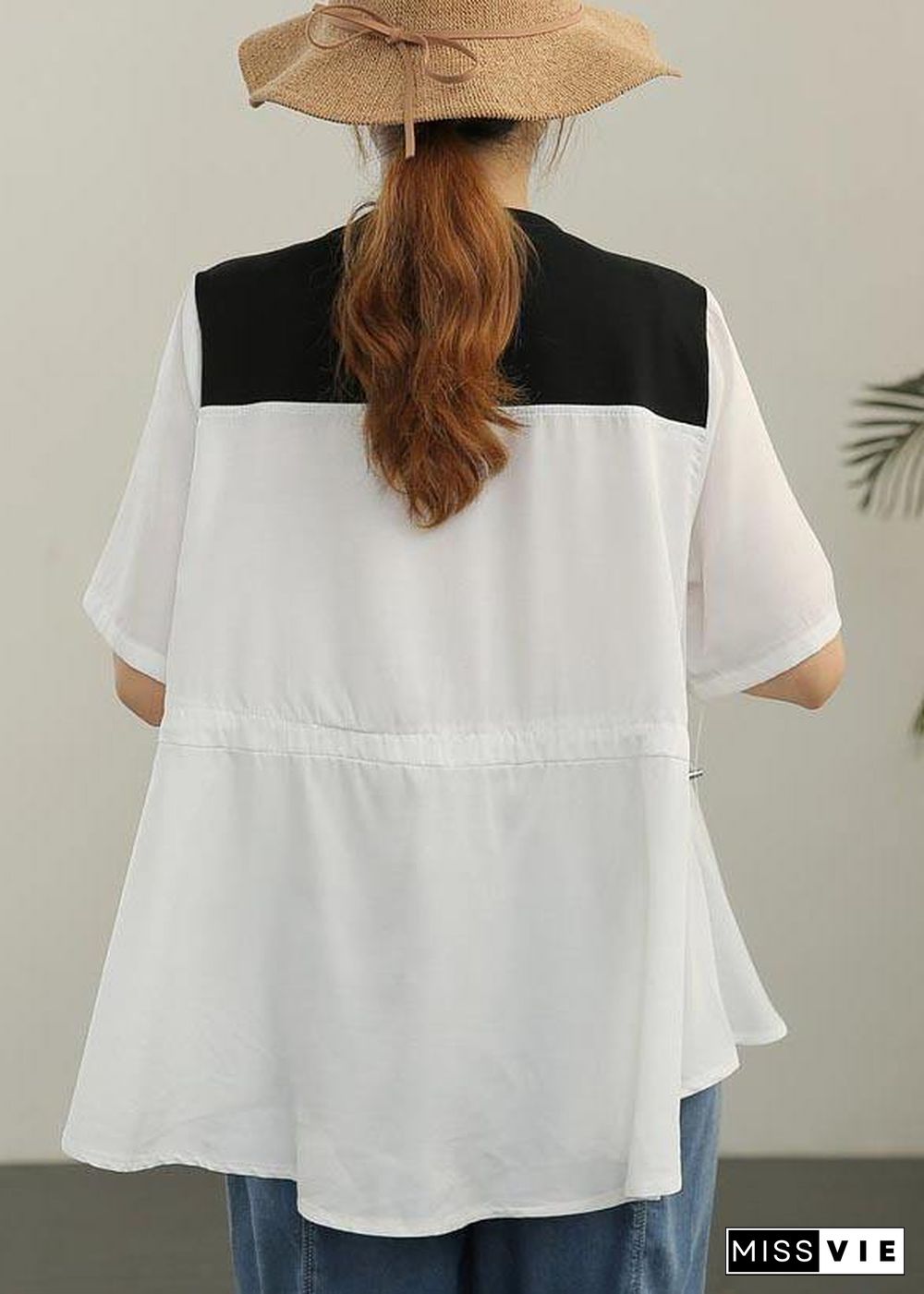 French White Patchwork O-Neck Blouses Summer