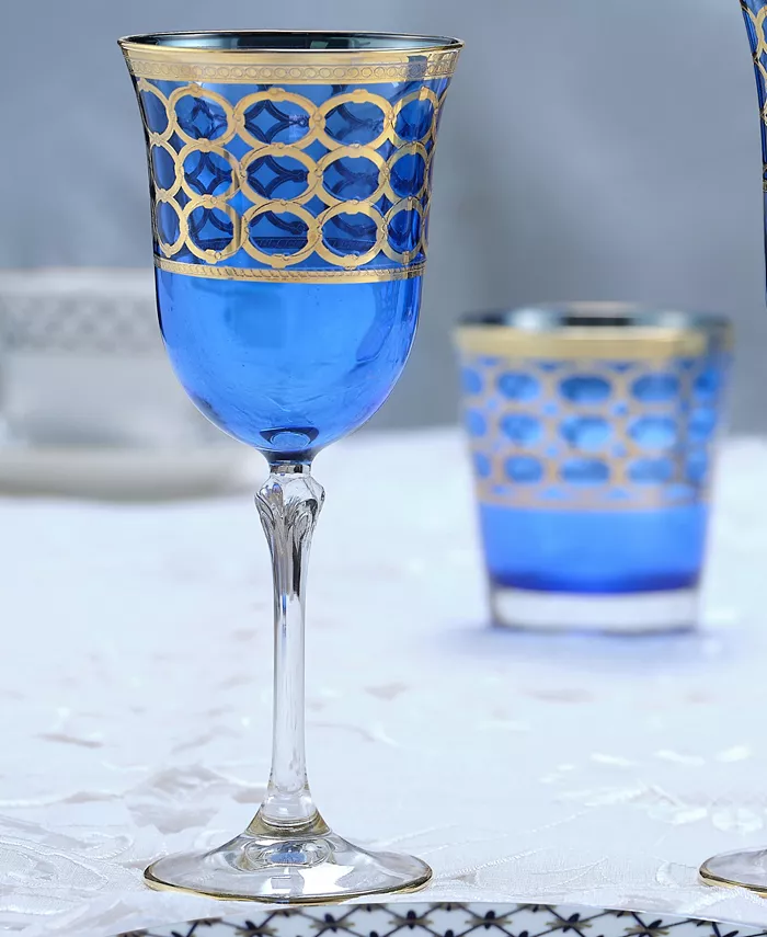 Lorren Home Trends Cobalt Blue Red Wine Goblet with Gold-Tone Rings Set of 4