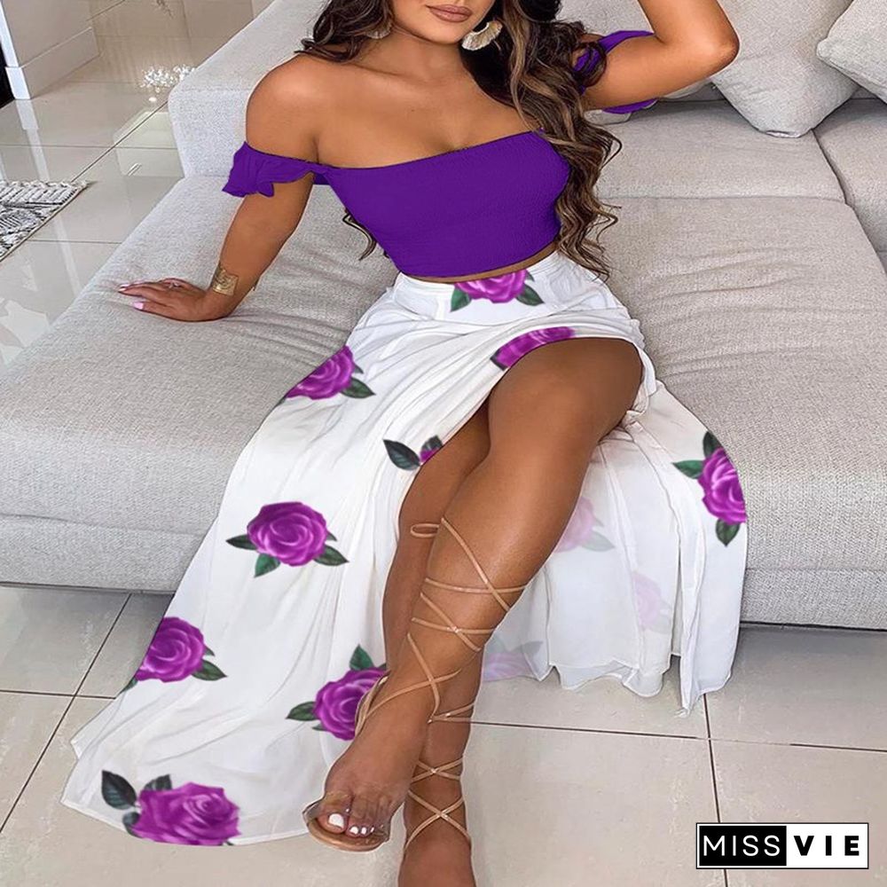 Off Shoulder Women Two Piece Set Sexy Slash Neck TopAnd Slit Summer Long Party Dress Suits Spring Floral Print Skirts Sets