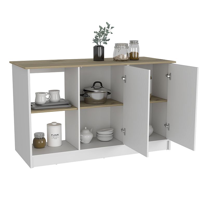 DEPOT E-SHOP Coral Kitchen Island， Two Cabinets， Four Open Shelves， Light Oak / White