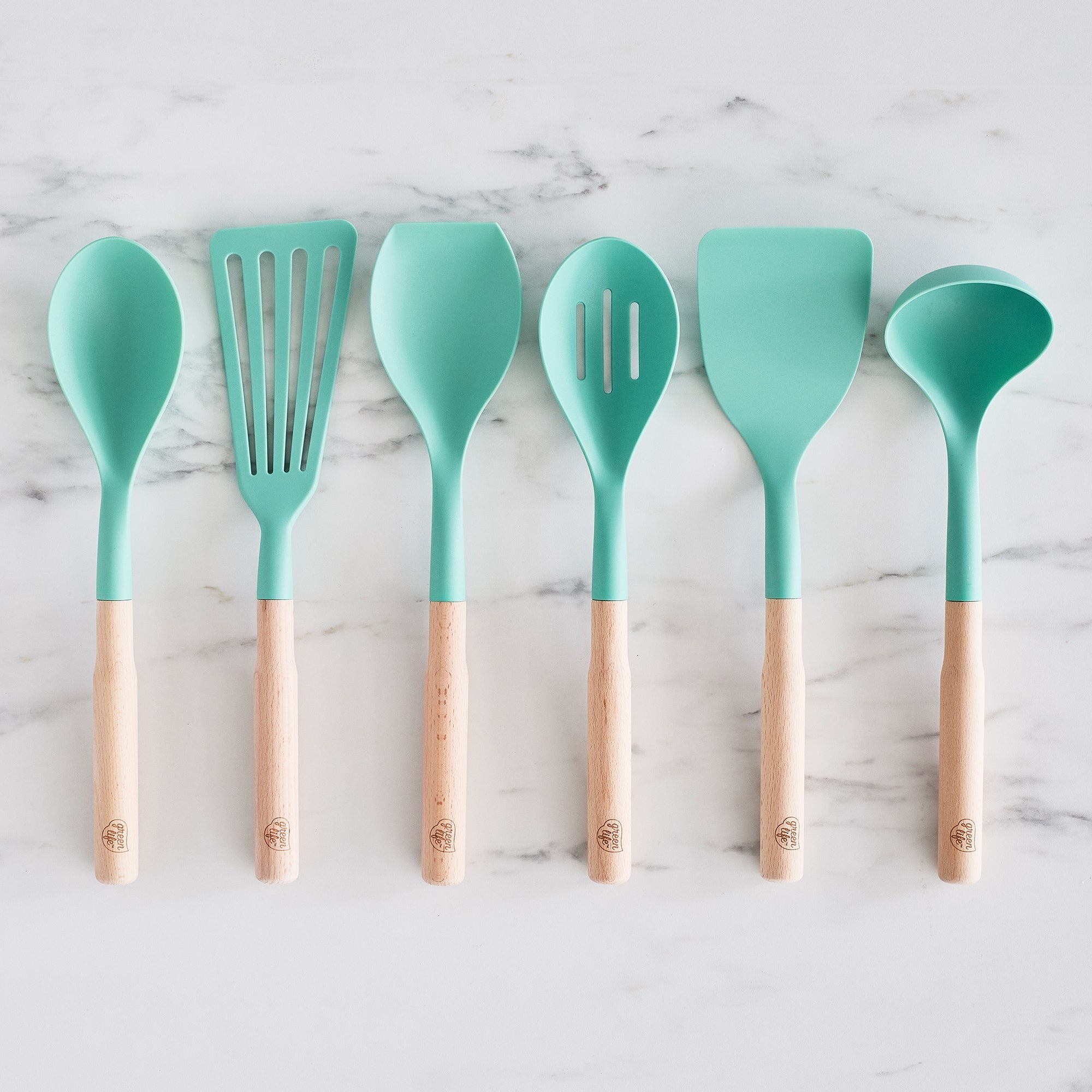 GreenLife Nylon & Wood Cooking Utensils with Ceramic Crock, 7-Piece Set | Turquoise