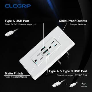 ELEGRP 30-Watt 15 Amp 3-Port Type C and Dual Type A USB Duplex Wall Outlet Wall Plate Included White (6-Pack) R1815D60AAC-WH6