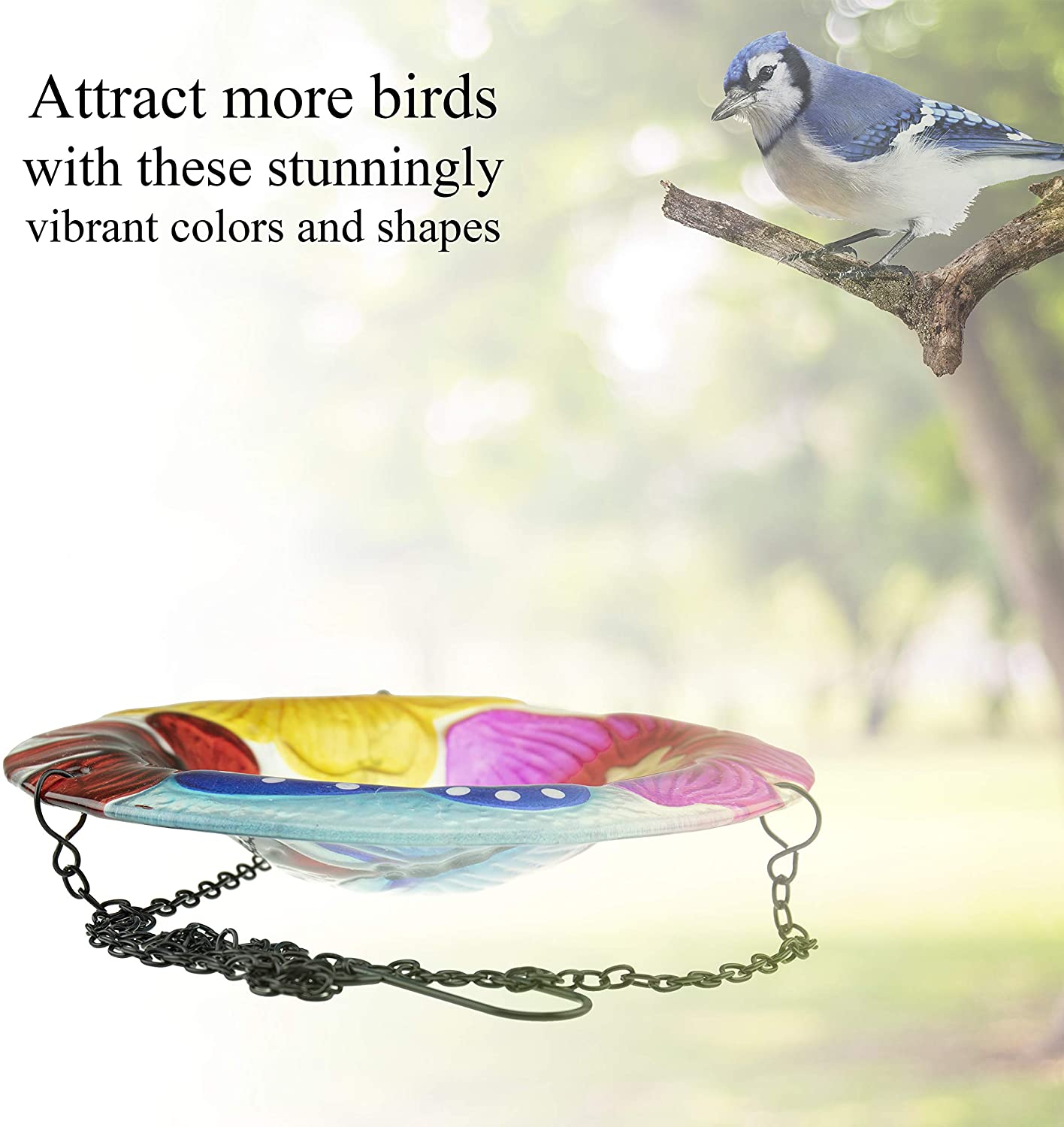 CLEVER GARDEN Glass Bird Bath, Hanging Outdoor Decoration for Wild Birds, Flower Birdbath