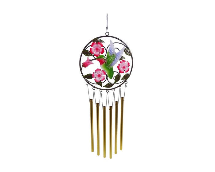 Alpine Metal Hummingbird and Flowers Hanging Windchimes - LJJ1574