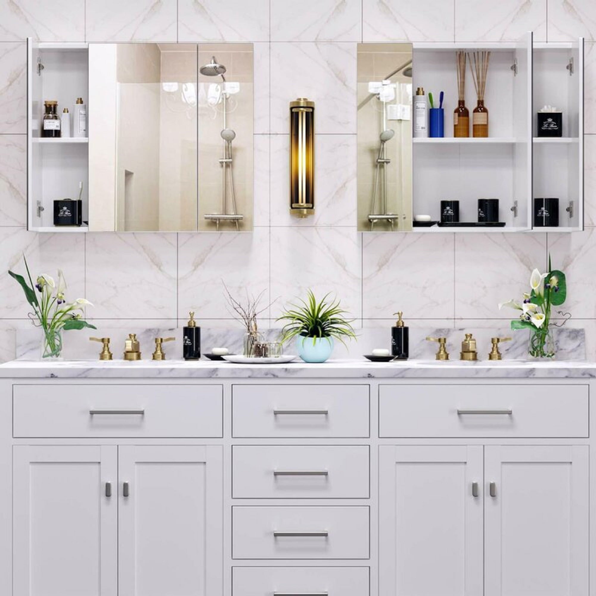 Homfa Medicine Cabinet with Mirror for Bathroom, 3 Door Wall Mounted Storage Mirror Cabinet with Adjustable Shelves White