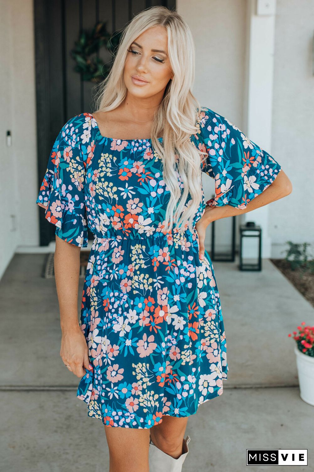 Blue Square Neck Ruffle Floral Dress