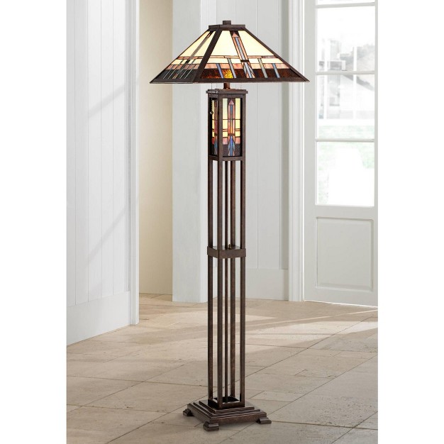 Tall Oiled Bronze With Nightlight Geometric Stained Art Glass Shade For Living Room Bedroom