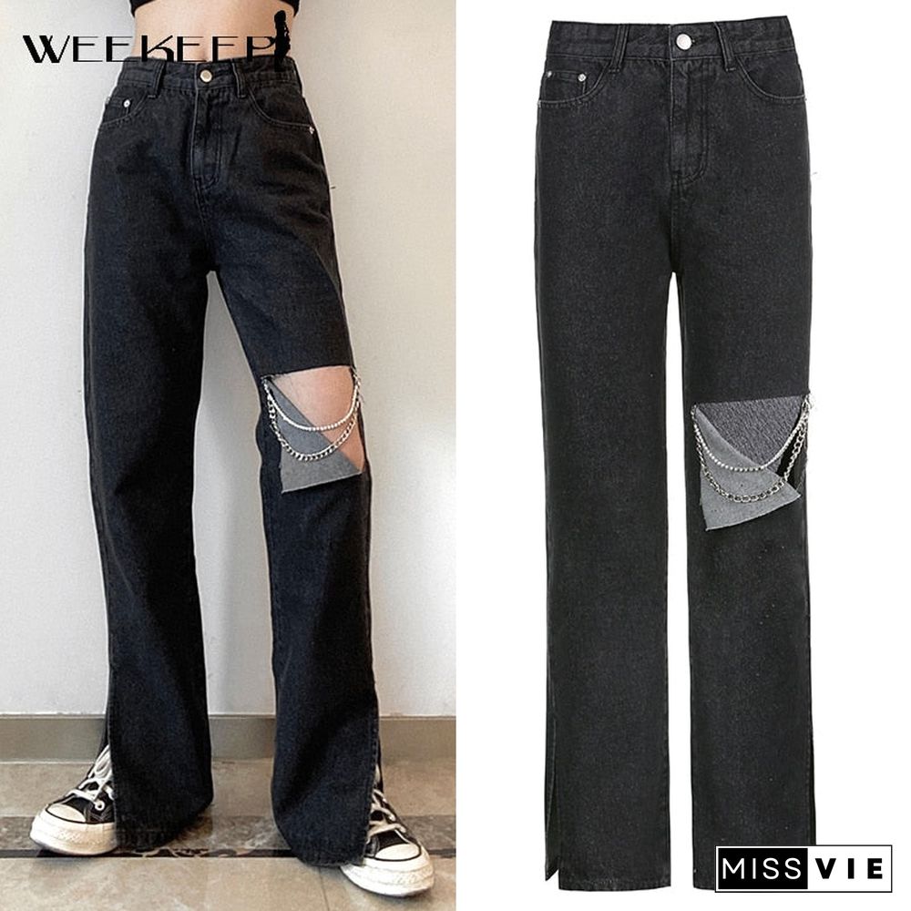 Weekeep Vintage Gothic Cut Out Holes Chain Straight Jeans Women Split High Waist Long Denim Pants Summer Casual Streetwear