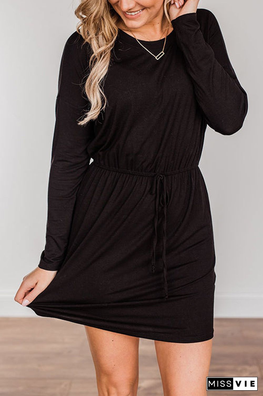 Drawstring O Neck Long Sleeve Swing Dress