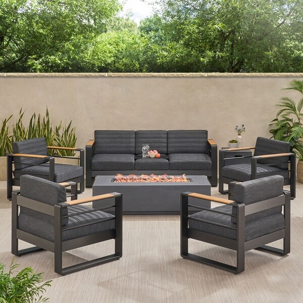 Giovanna Outdoor Aluminum 7 Seater Chat Set with Fire Pit by Christopher Knight Home