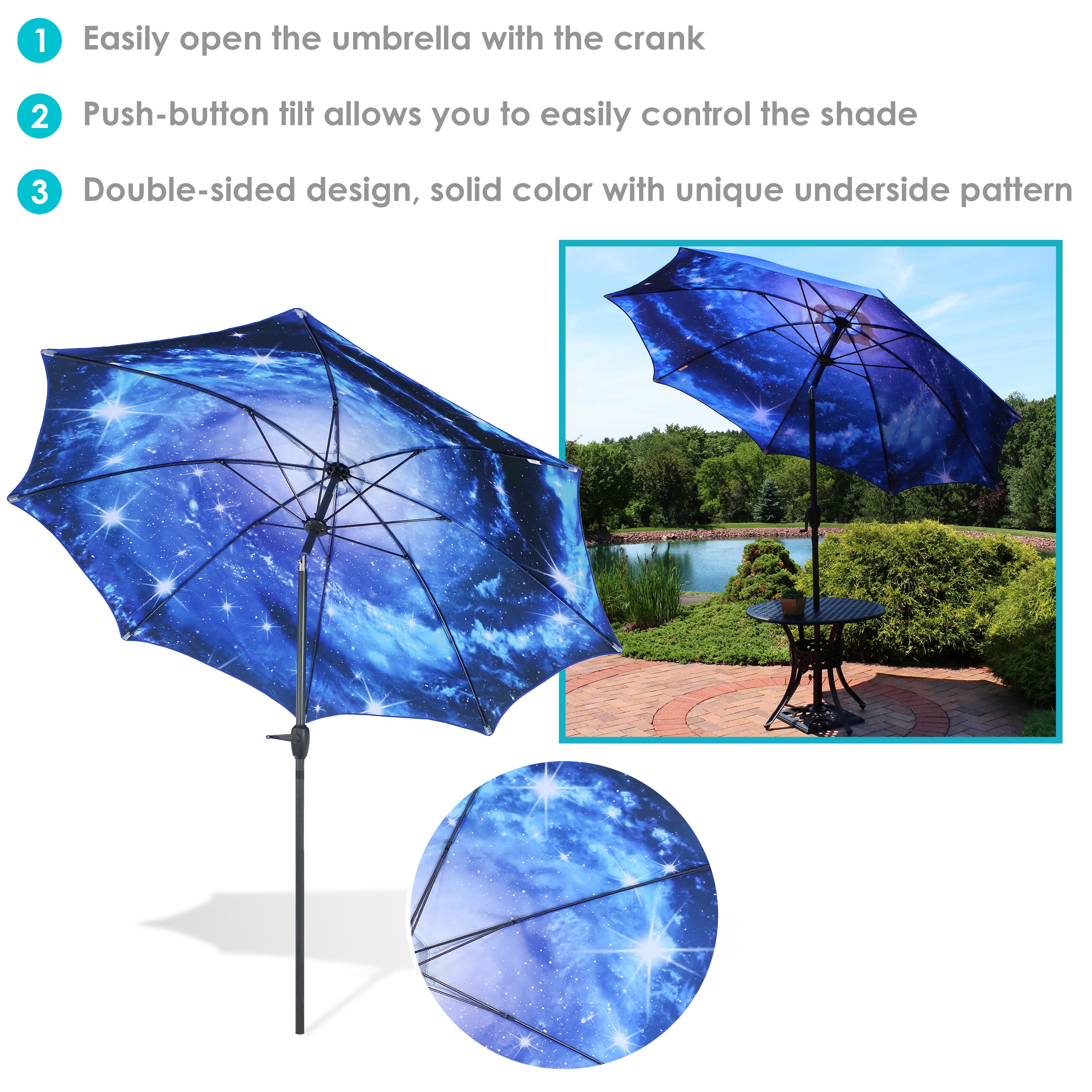 Sunnydaze Outdoor Aluminum Inside Out Patio Umbrella with Push Button Tilt and Crank - 8' - Blue Starry Galaxy