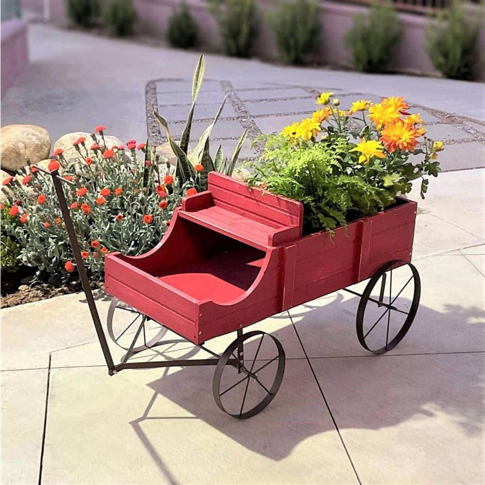 Shine Company 52 in. L Red Cedar Wood Buckboard Amish Wagon Decorative Garden Planter 4942R