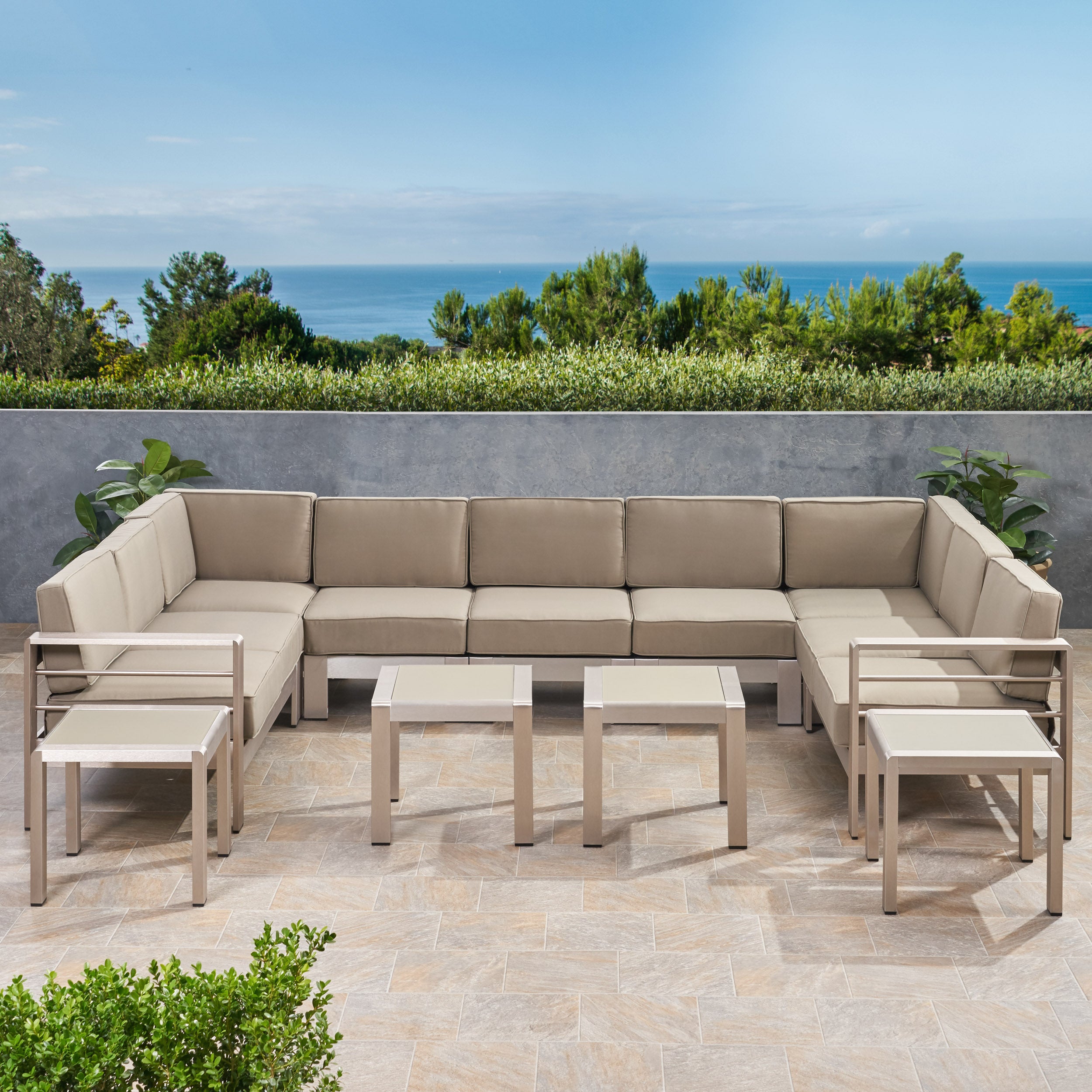 Cherie Outdoor 9 Seater Aluminum Sectional Sofa Set with Side Tables