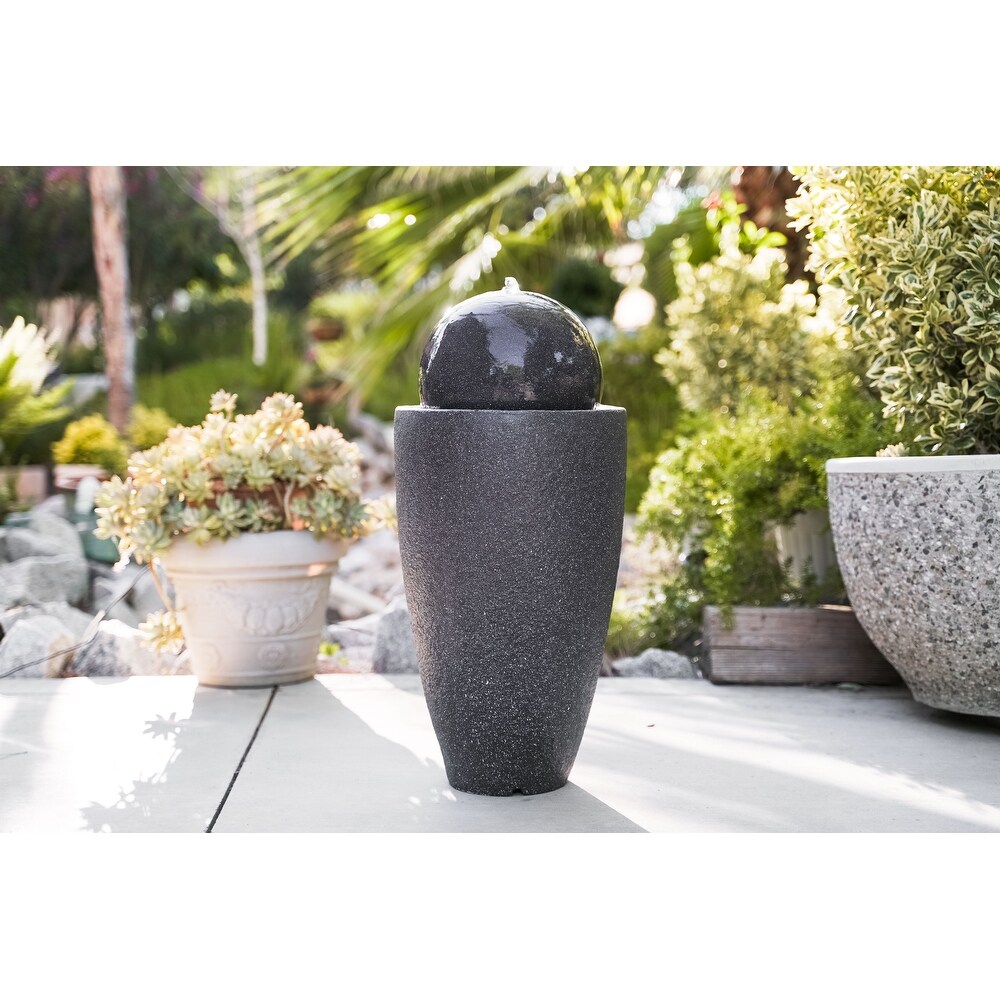 XBrand Modern Stone Textured Round Sphere Water Fountain  LED Lights  25.6 Inch Tall  Black